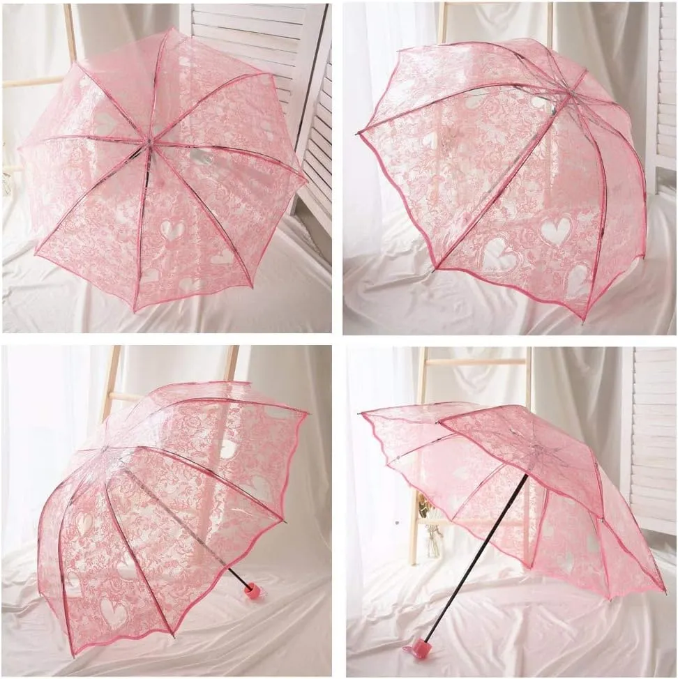 1pcs Foldable Lace Parasol, Lace Skirt Edge White Transparent Love Printing Three Fracture Stack Umbrella, Umbrella Ma'am (Color : 3)
