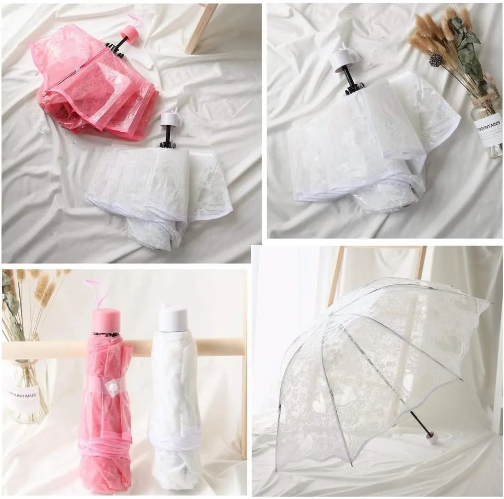 1pcs Foldable Lace Parasol, Lace Skirt Edge White Transparent Love Printing Three Fracture Stack Umbrella, Umbrella Ma'am (Color : 3)