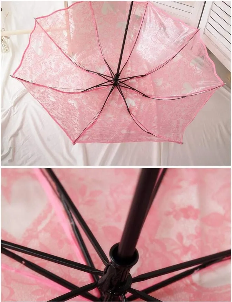 1pcs Foldable Lace Parasol, Lace Skirt Edge White Transparent Love Printing Three Fracture Stack Umbrella, Umbrella Ma'am (Color : 3)