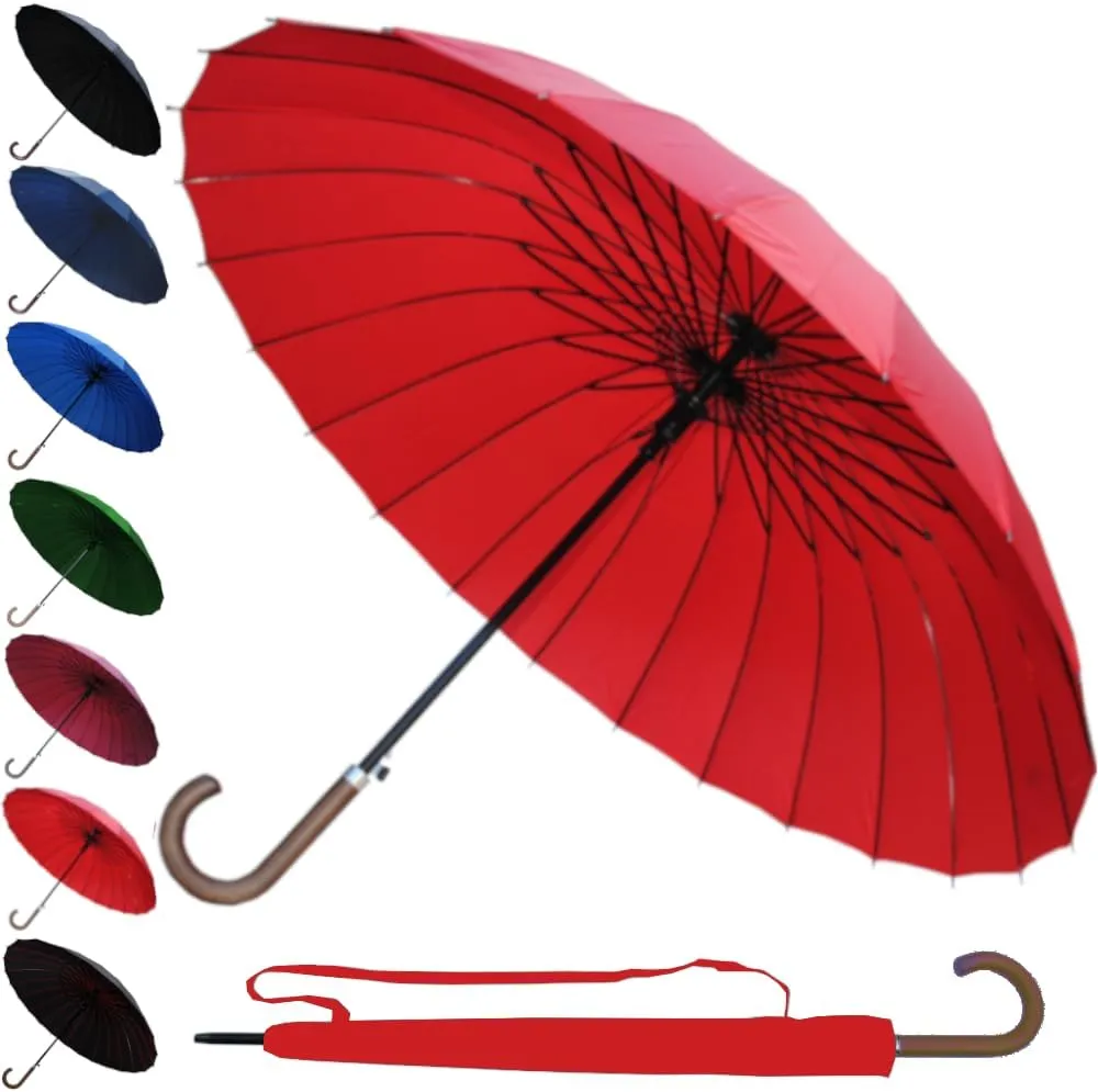 60MPH Windproof 24 Rib Large Strong Umbrella - XL Automatic Heavy Duty Golf Umbrella For Rain and Wind - 3 Layer Frame - Wooden Hook Handle - Best for Most Ribs
