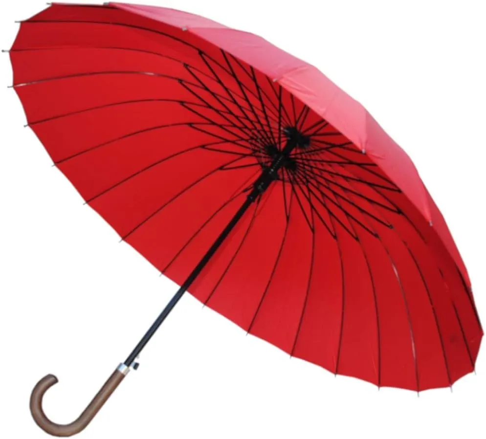 60MPH Windproof 24 Rib Large Strong Umbrella - XL Automatic Heavy Duty Golf Umbrella For Rain and Wind - 3 Layer Frame - Wooden Hook Handle - Best for Most Ribs