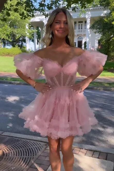 A Line Off the Shoulder Tulle Homecoming Dress with Ruffle, New Style Short Prom Gown UQH0169