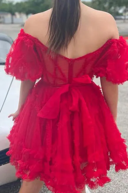 A Line Off the Shoulder Tulle Homecoming Dress with Ruffle, New Style Short Prom Gown UQH0169