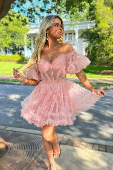 A Line Off the Shoulder Tulle Homecoming Dress with Ruffle, New Style Short Prom Gown UQH0169