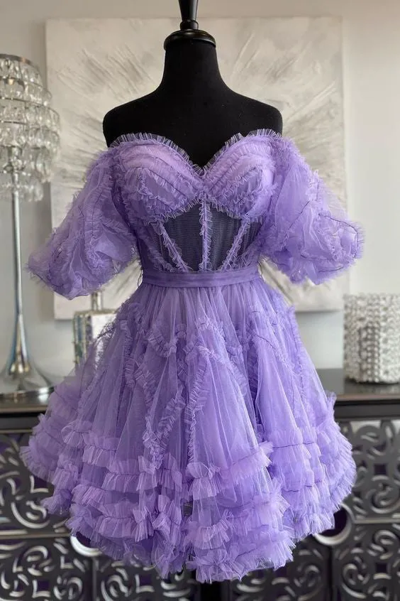 A Line Off the Shoulder Tulle Homecoming Dress with Ruffle, New Style Short Prom Gown UQH0169