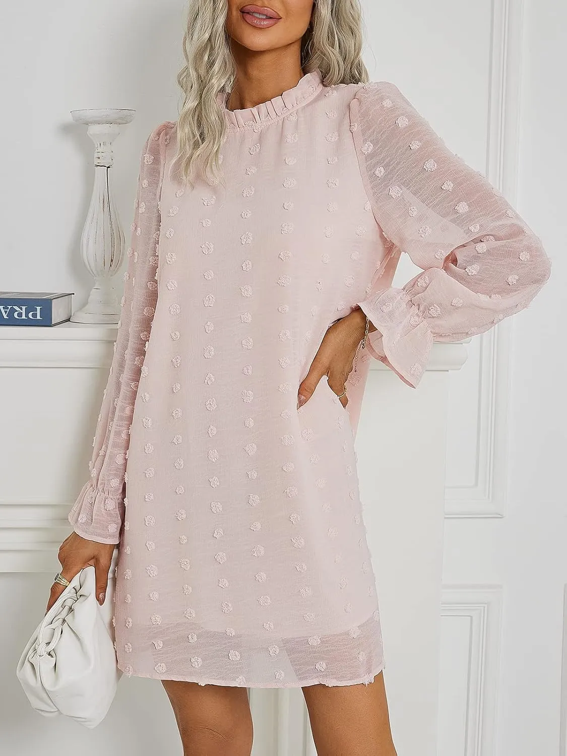 Adibosy Women Dress Long Sleeve: Flowy Wedding Guest Casual Mini Dresses for Womens Swiss Dot Chiffon Short Dress
