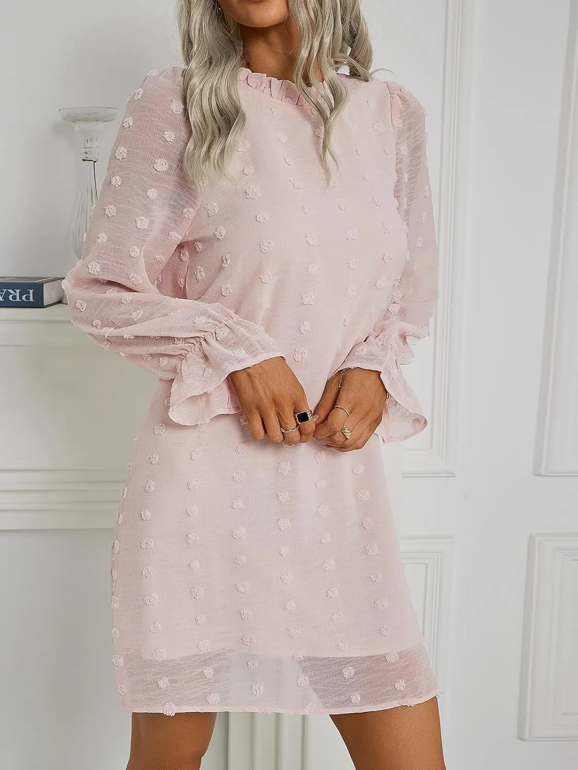 Adibosy Women Dress Long Sleeve: Flowy Wedding Guest Casual Mini Dresses for Womens Swiss Dot Chiffon Short Dress