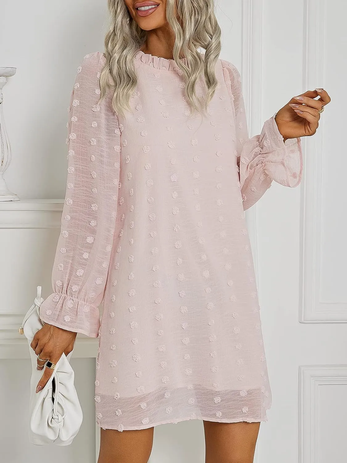 Adibosy Women Dress Long Sleeve: Flowy Wedding Guest Casual Mini Dresses for Womens Swiss Dot Chiffon Short Dress