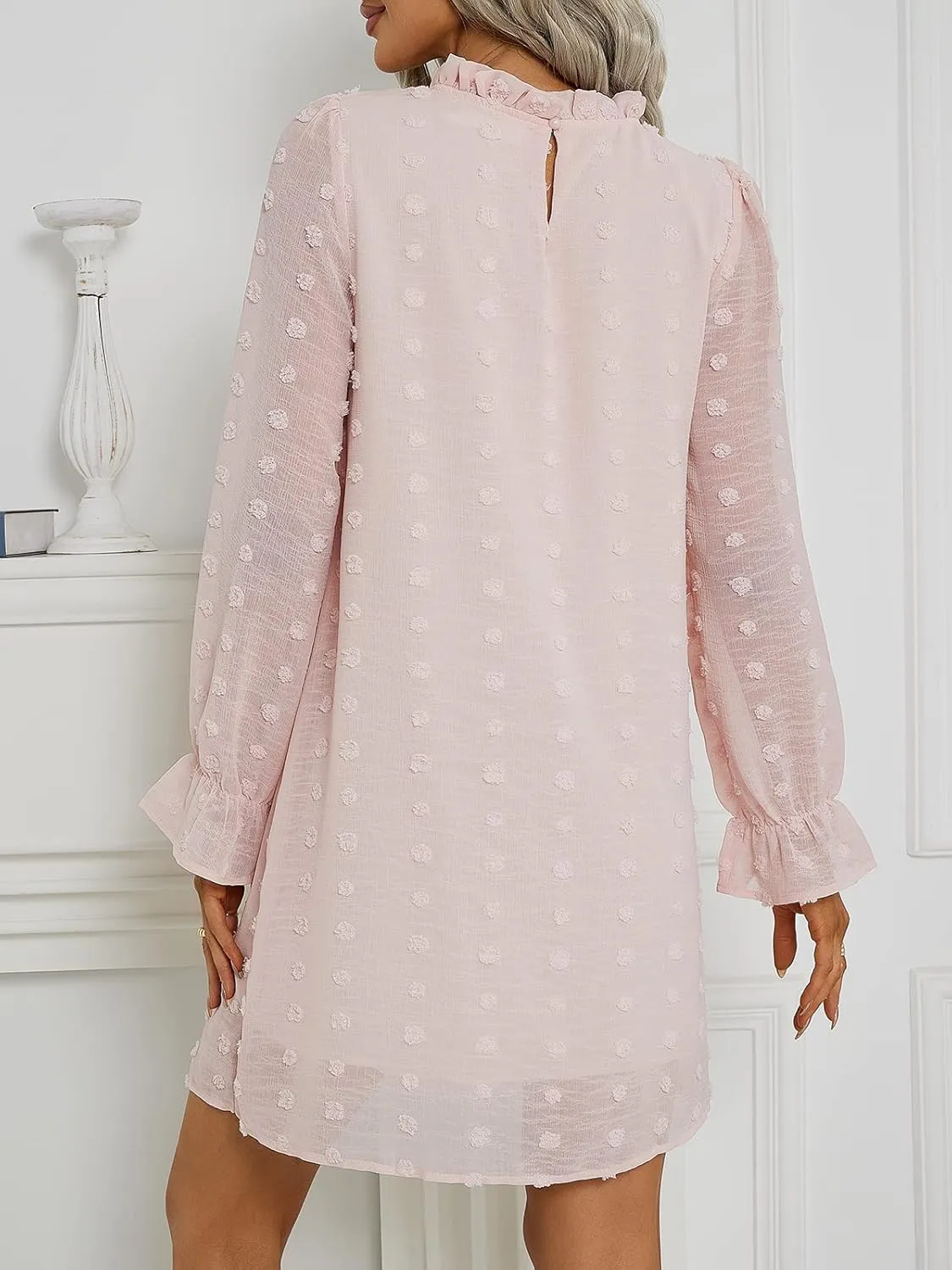 Adibosy Women Dress Long Sleeve: Flowy Wedding Guest Casual Mini Dresses for Womens Swiss Dot Chiffon Short Dress