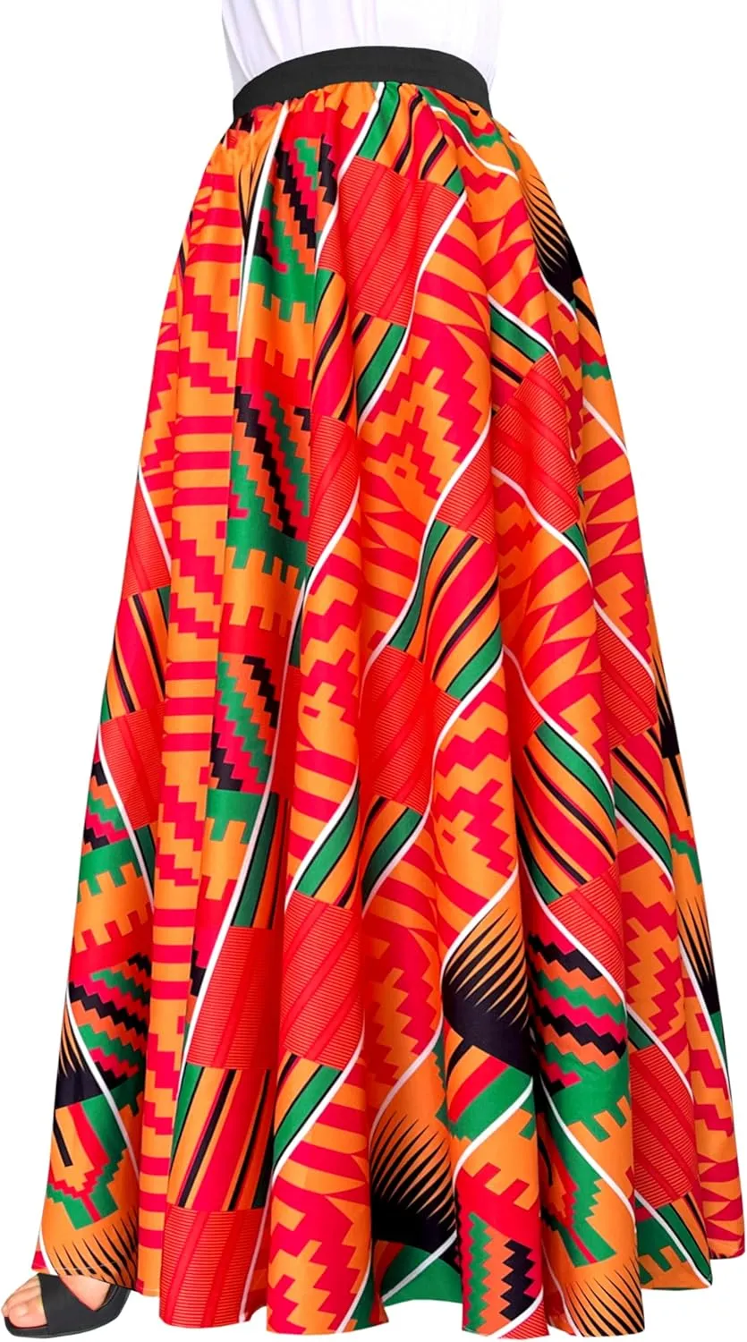Afibi Women African Skirt Printed Ankara Maxi Skirt Dashiki Long Skirts with Pockets