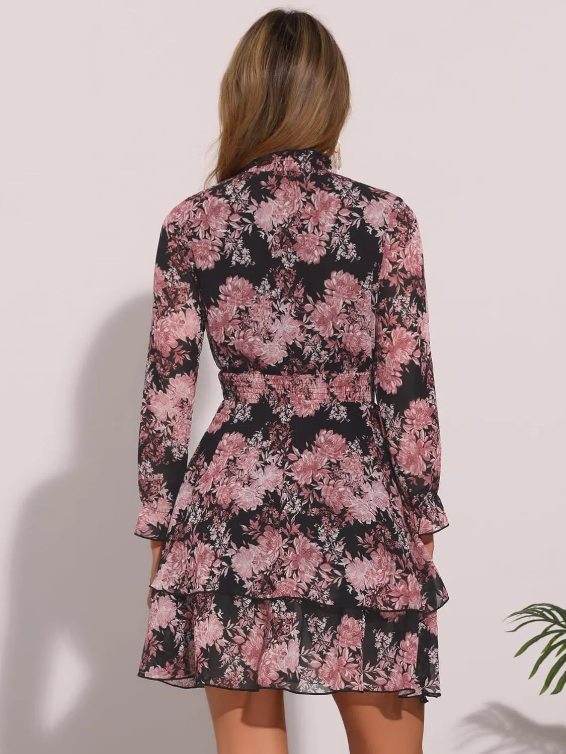 Allegra K Women's Floral Dress Chiffon Long Sleeve Mock Neck Ruffle Layered Smocked Mini Dresses