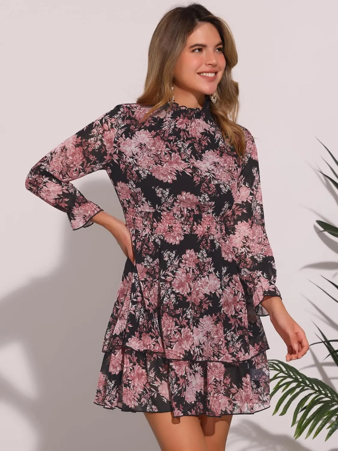 Allegra K Women's Floral Dress Chiffon Long Sleeve Mock Neck Ruffle Layered Smocked Mini Dresses