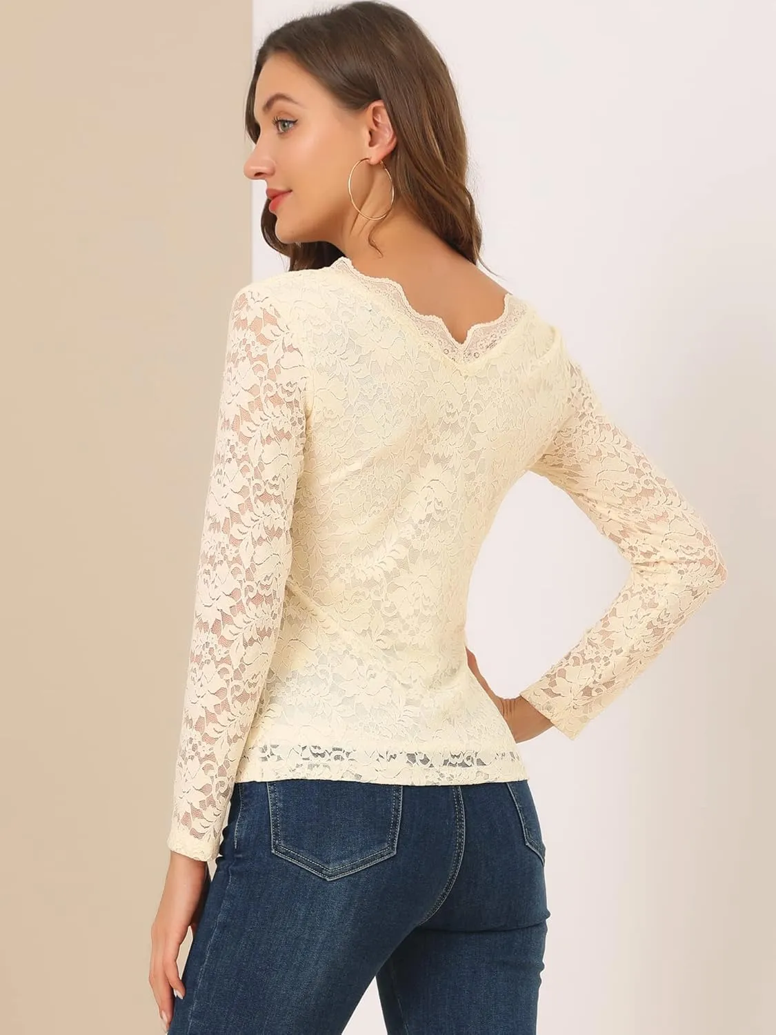 Allegra K Women's Floral Embroidery Sheer Long Sleeves Lace Blouse Top
