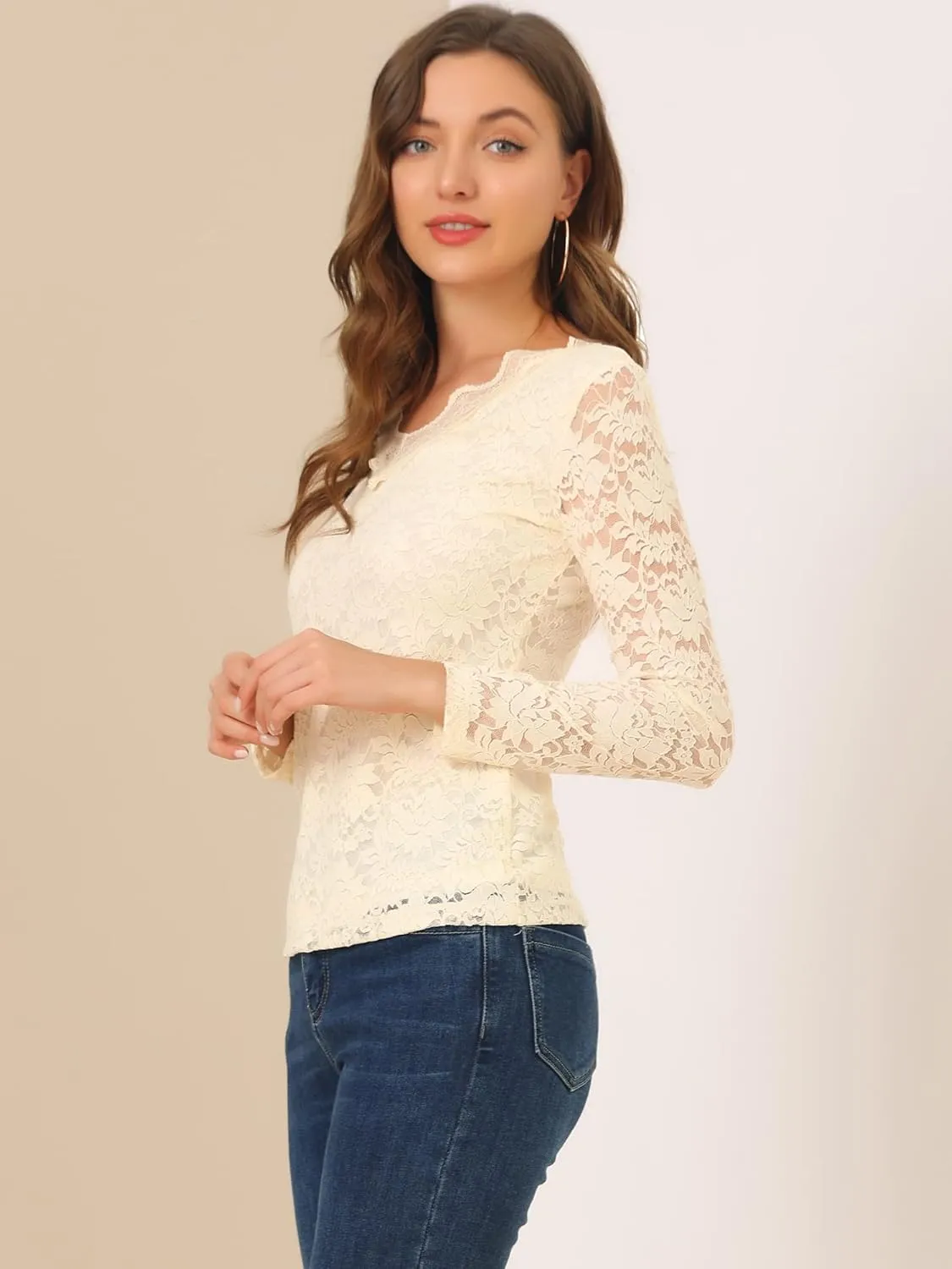 Allegra K Women's Floral Embroidery Sheer Long Sleeves Lace Blouse Top