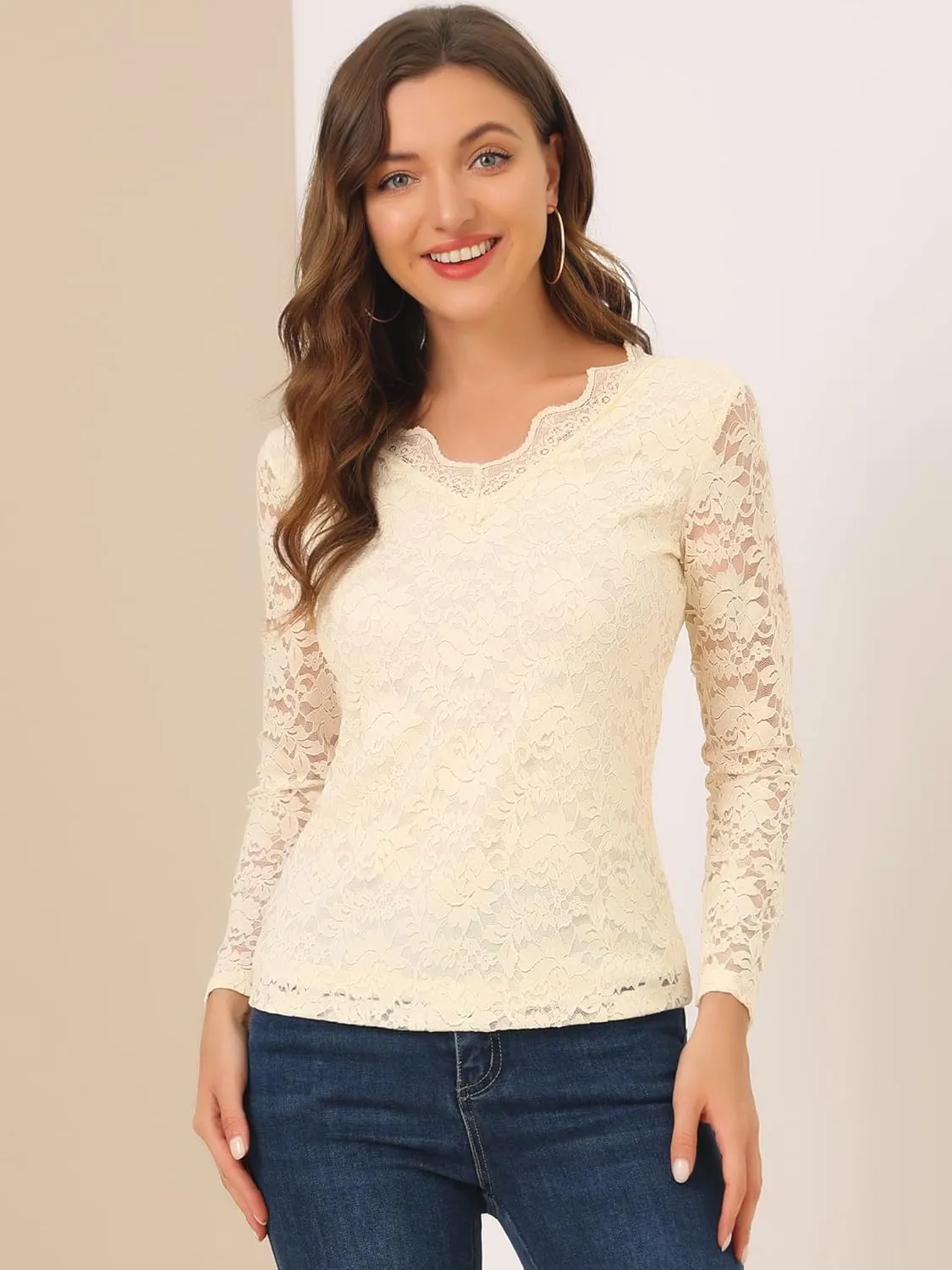 Allegra K Women's Floral Embroidery Sheer Long Sleeves Lace Blouse Top