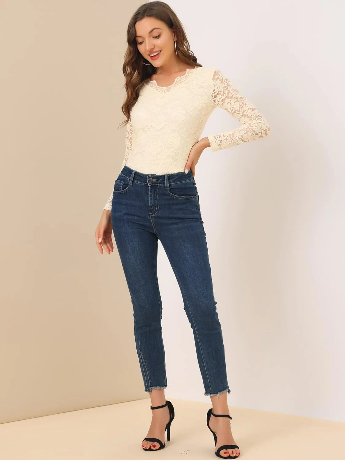 Allegra K Women's Floral Embroidery Sheer Long Sleeves Lace Blouse Top