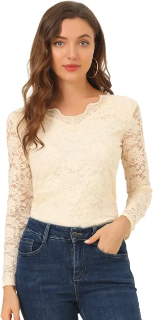 Allegra K Women's Floral Embroidery Sheer Long Sleeves Lace Blouse Top