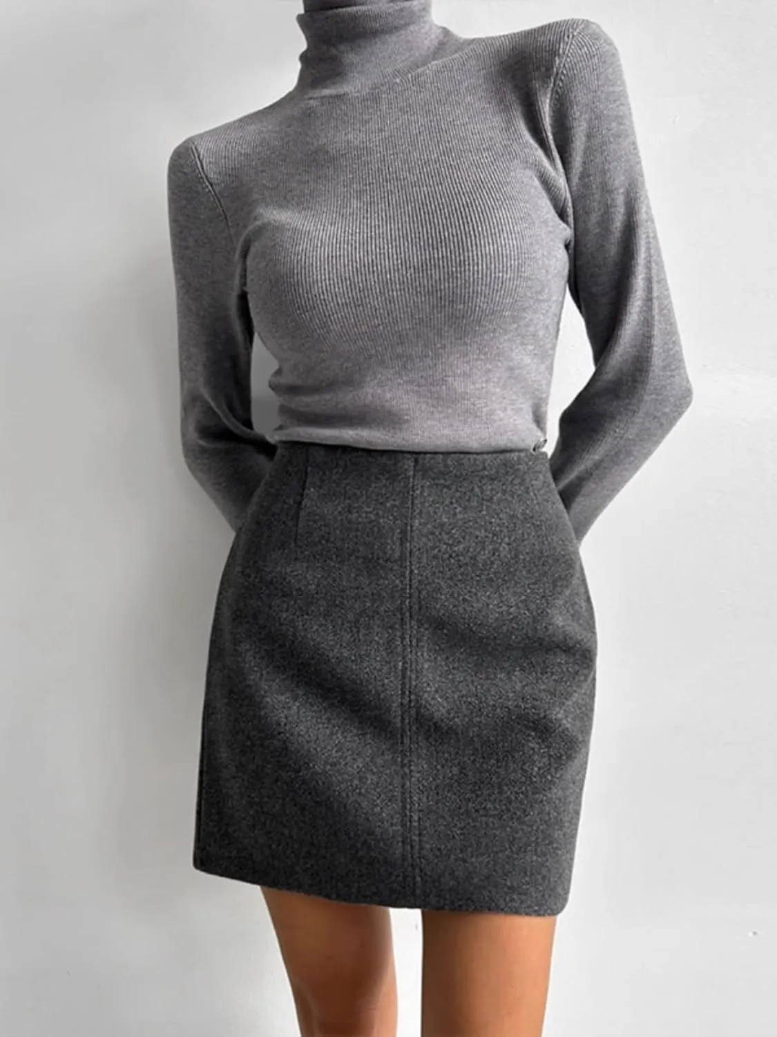 Belted Faux Leather Pencil Skirt for Women, Autumn Winter Office Chic