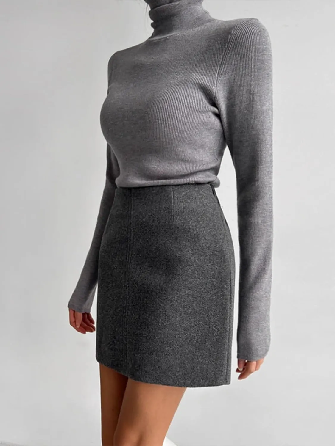 Belted Faux Leather Pencil Skirt for Women, Autumn Winter Office Chic