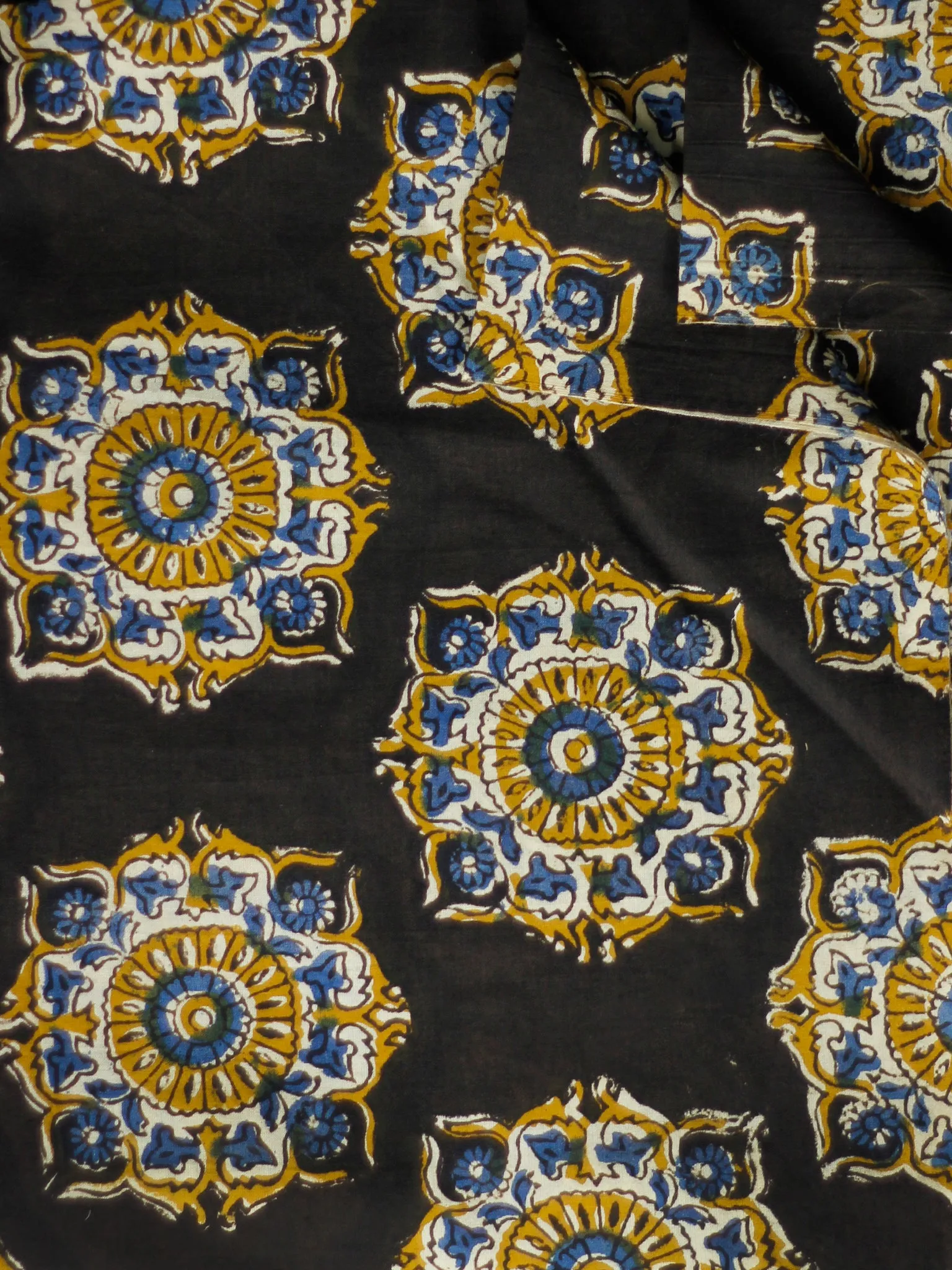 Black Ivory Mustard Indigo Hand Block Printed Cotton Fabric Per Meter - F001F1822