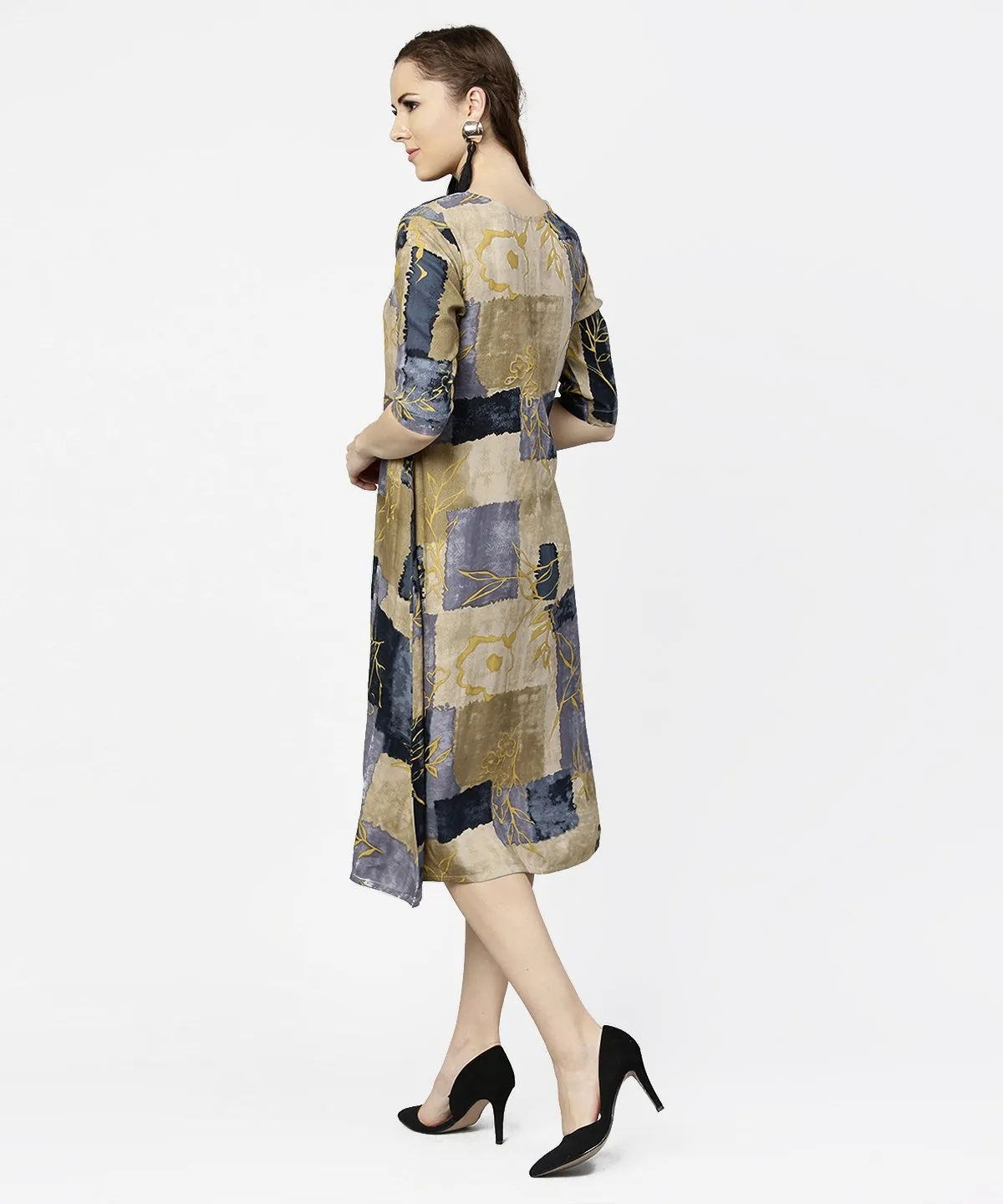 Brown & Blue Printed Half Sleeve Cotton A-Line Dress