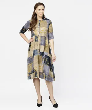 Brown & Blue Printed Half Sleeve Cotton A-Line Dress