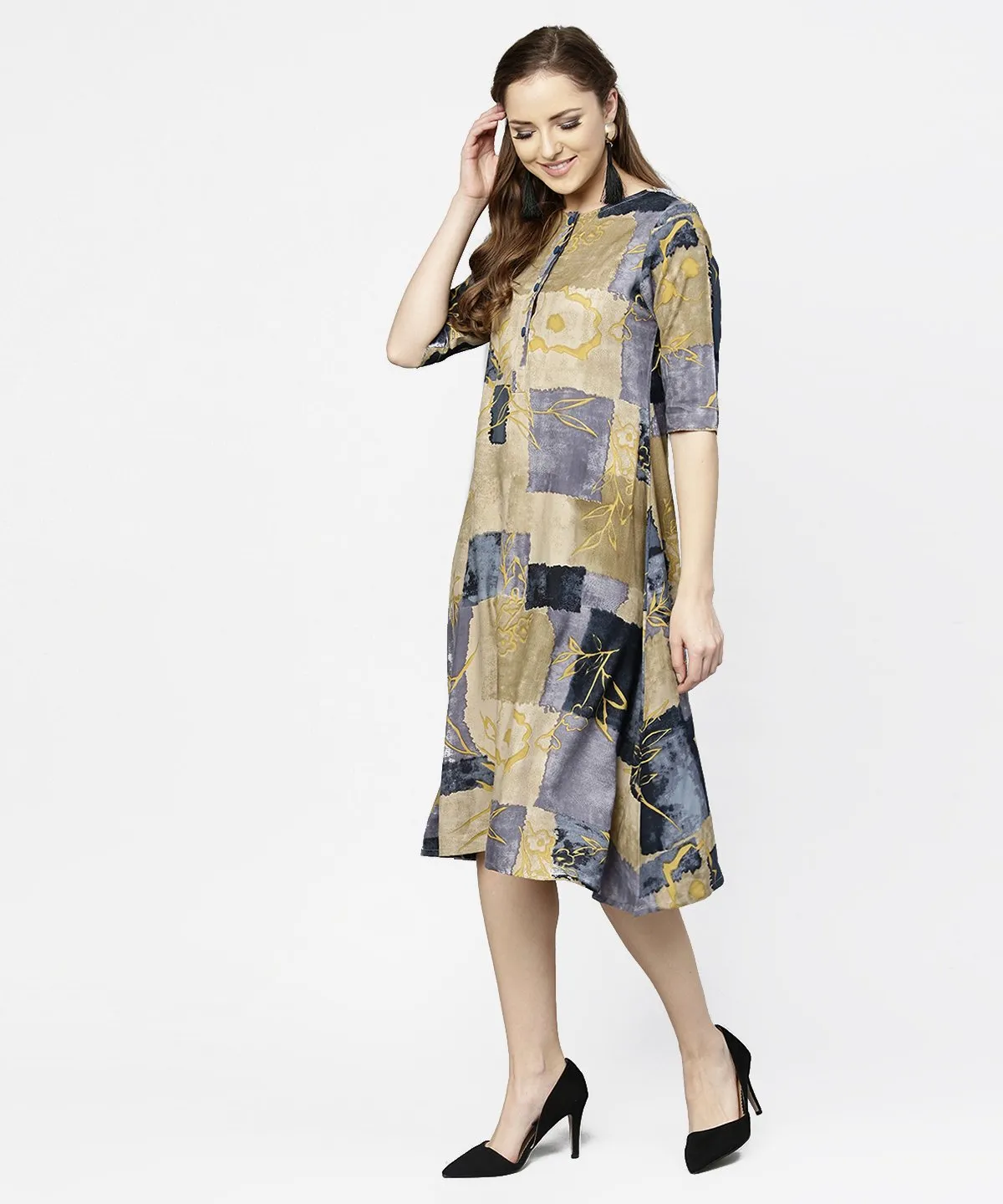 Brown & Blue Printed Half Sleeve Cotton A-Line Dress