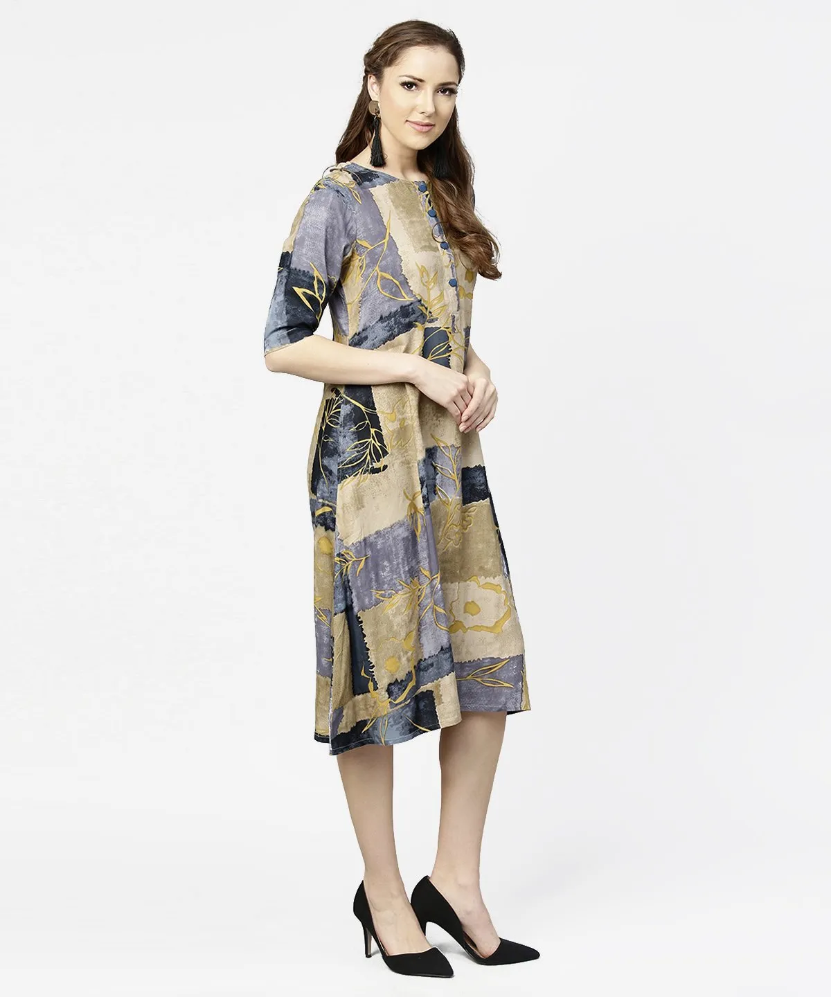 Brown & Blue Printed Half Sleeve Cotton A-Line Dress
