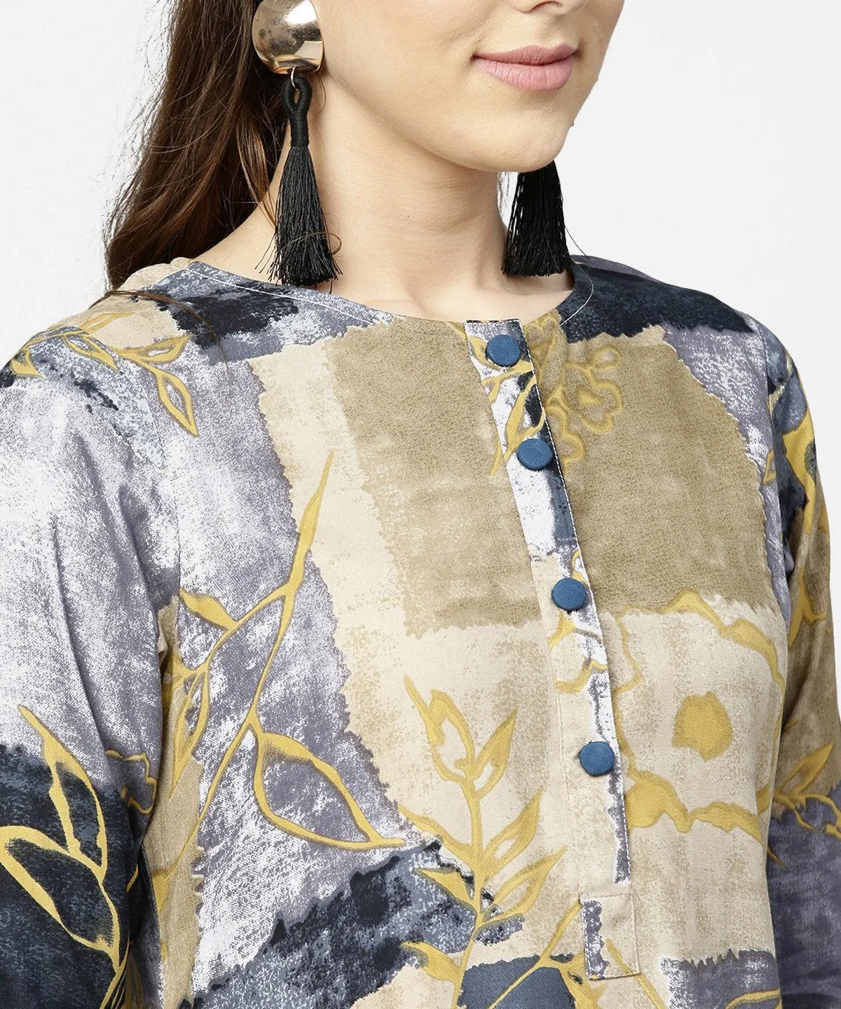 Brown & Blue Printed Half Sleeve Cotton A-Line Dress