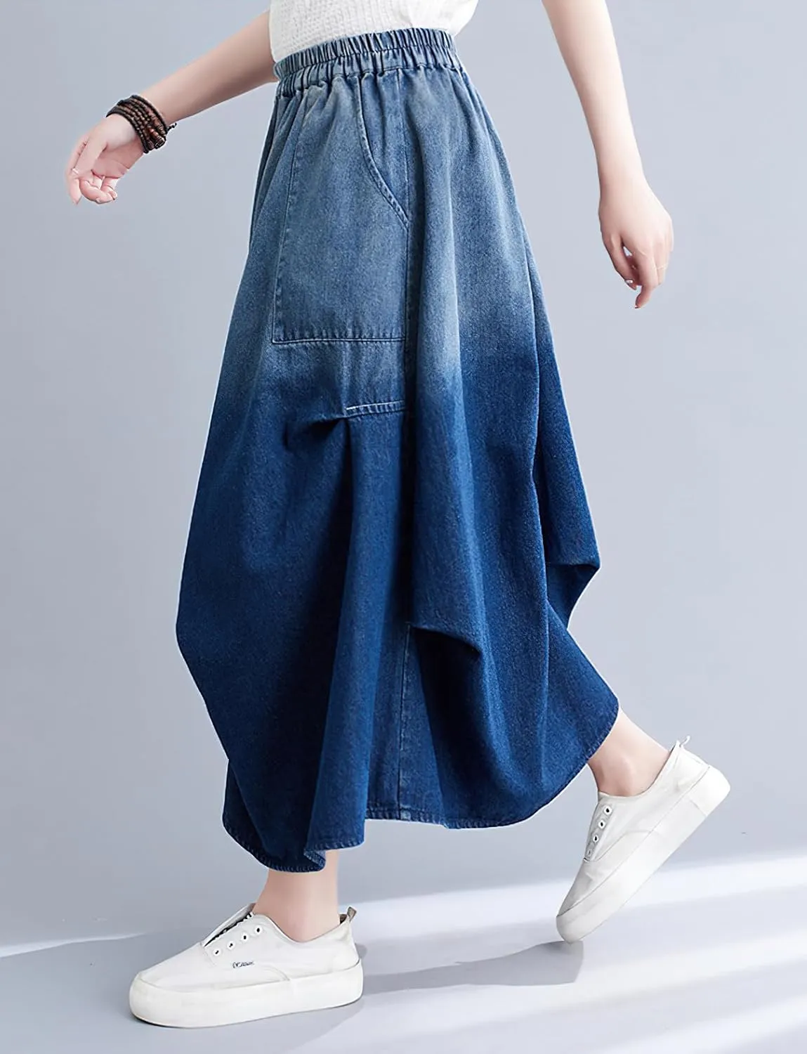 chouyatou Women's 2024 Ruched Midi Long Denim Skirt Casual A-Line High Waist Pleated Jean Skirt