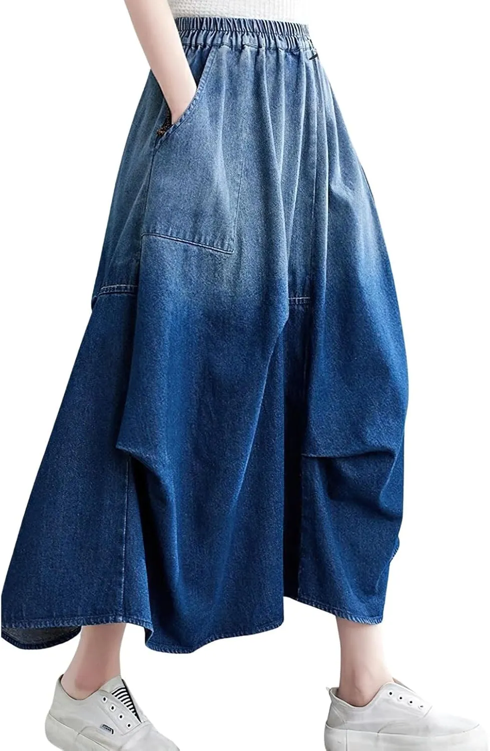 chouyatou Women's 2024 Ruched Midi Long Denim Skirt Casual A-Line High Waist Pleated Jean Skirt