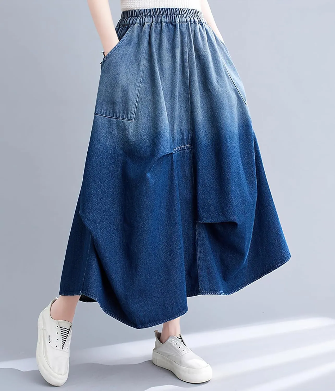 chouyatou Women's 2024 Ruched Midi Long Denim Skirt Casual A-Line High Waist Pleated Jean Skirt