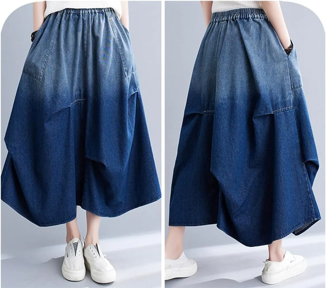 chouyatou Women's 2024 Ruched Midi Long Denim Skirt Casual A-Line High Waist Pleated Jean Skirt