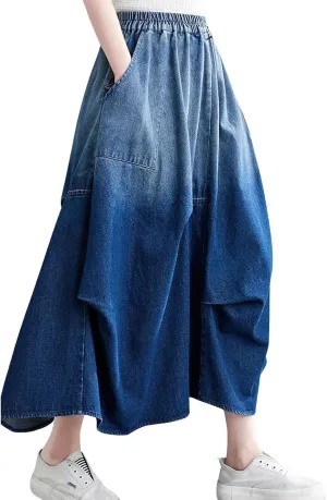 chouyatou Women's 2024 Ruched Midi Long Denim Skirt Casual A-Line High Waist Pleated Jean Skirt