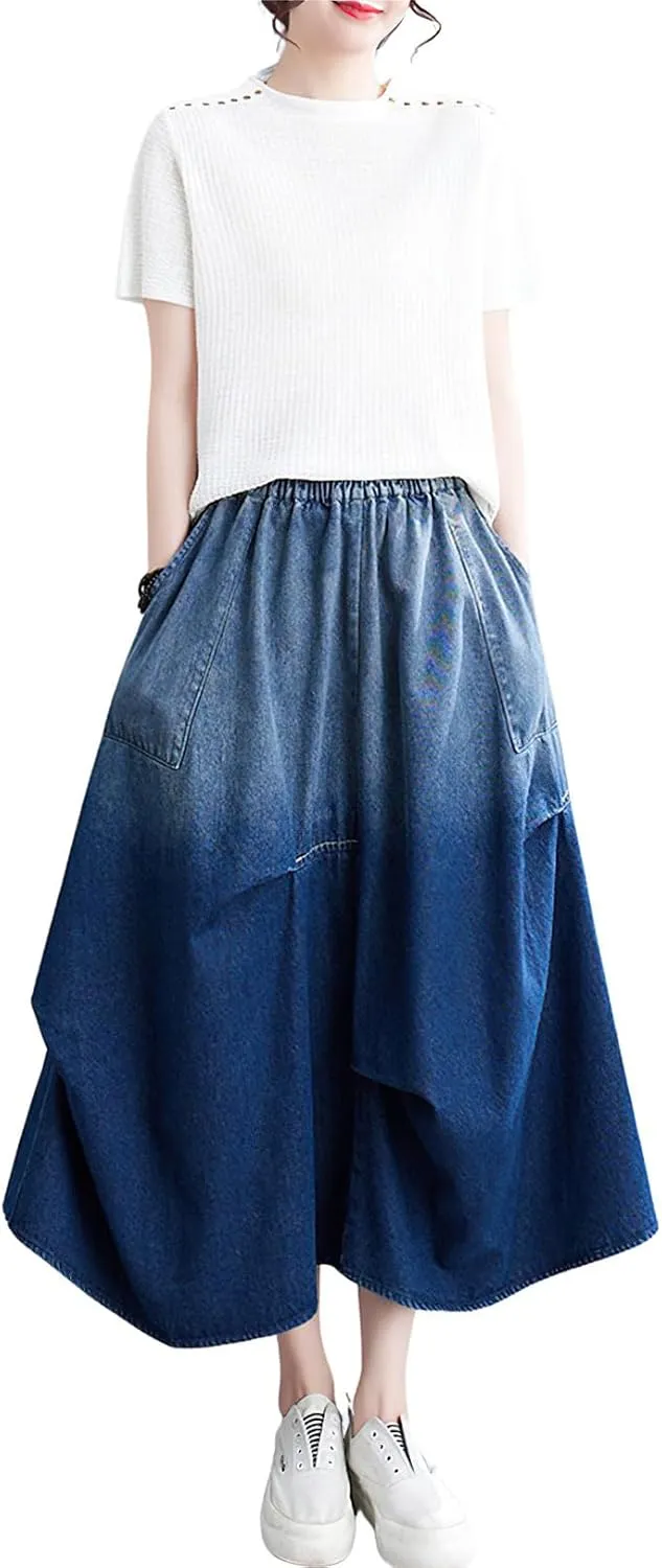 chouyatou Women's 2024 Ruched Midi Long Denim Skirt Casual A-Line High Waist Pleated Jean Skirt