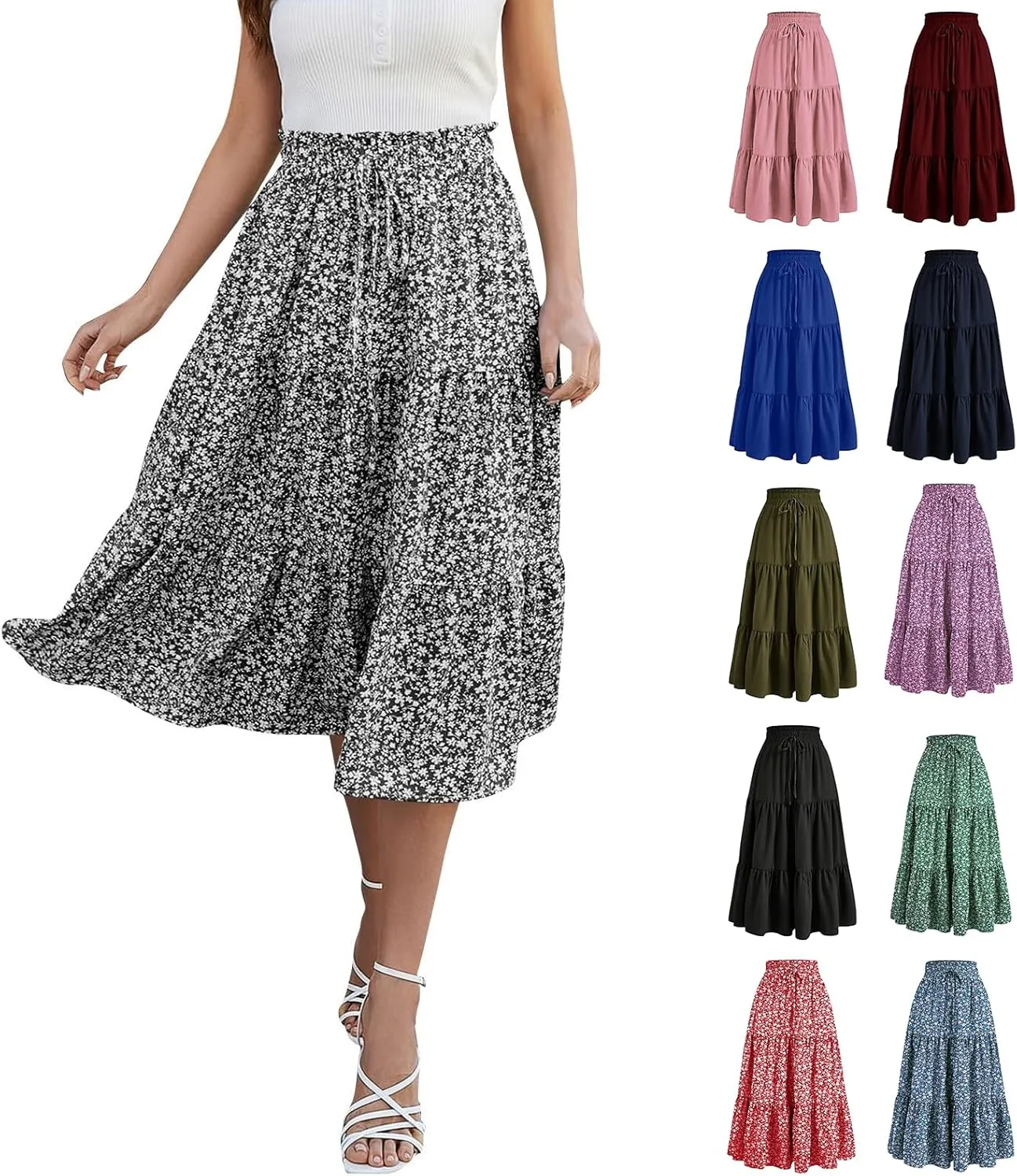 Floral Midi Skirts for Women Summer Flowy Tiered Skirt Drawstring Summer Knee Length A Line Skirts with Pockets