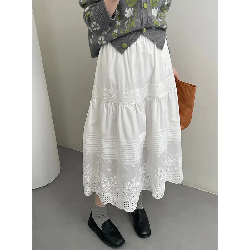 FLYTONN-Solid White Skirt Hook Flower Hollow Cotton Half Umbrella Skirt for Women