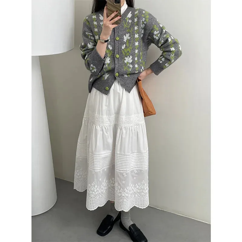 FLYTONN-Solid White Skirt Hook Flower Hollow Cotton Half Umbrella Skirt for Women