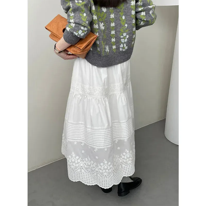 FLYTONN-Solid White Skirt Hook Flower Hollow Cotton Half Umbrella Skirt for Women