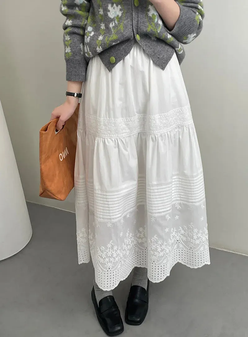 FLYTONN-Solid White Skirt Hook Flower Hollow Cotton Half Umbrella Skirt for Women