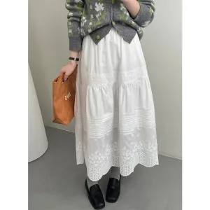 FLYTONN-Solid White Skirt Hook Flower Hollow Cotton Half Umbrella Skirt for Women