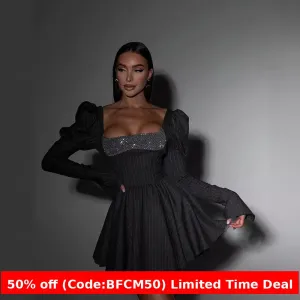 Flytonnshop winter outfits men 24 Years Elegant Bubble Long Sleeve Square Collar Sequined Short Skirt Lace-up Waist Slimming Dress