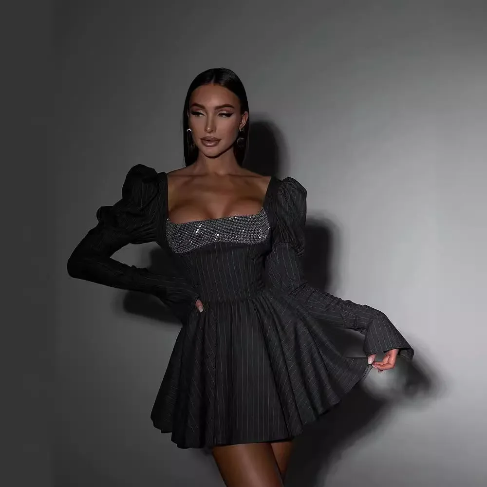 Flytonnshop winter outfits men 24 Years Elegant Bubble Long Sleeve Square Collar Sequined Short Skirt Lace-up Waist Slimming Dress