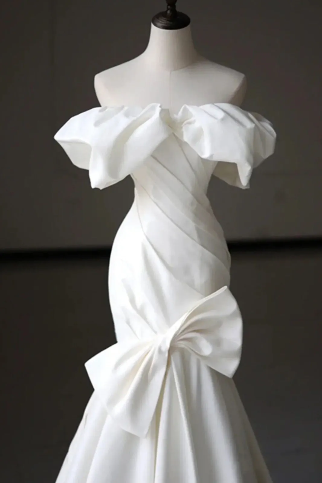 French Off the Shoulder Satin Long Wedding Dress, Mermaid Bridal Dress with Bowknot UQW0119