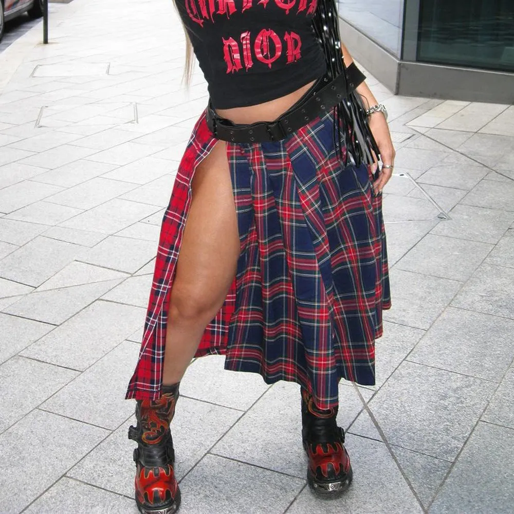 Girlary-shop 2000s fashion Autumn New Stitching Contrast Color Plaid Personality Skirt Women's Clothing