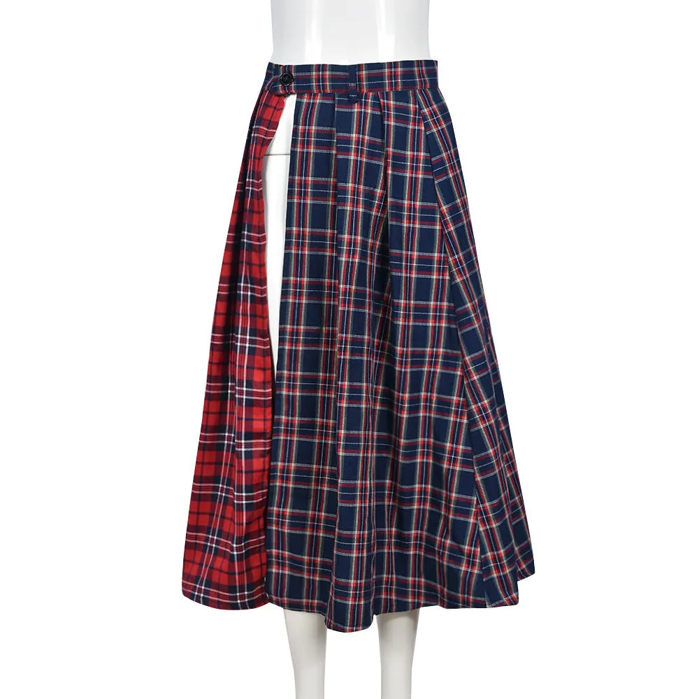 Girlary-shop 2000s fashion Autumn New Stitching Contrast Color Plaid Personality Skirt Women's Clothing