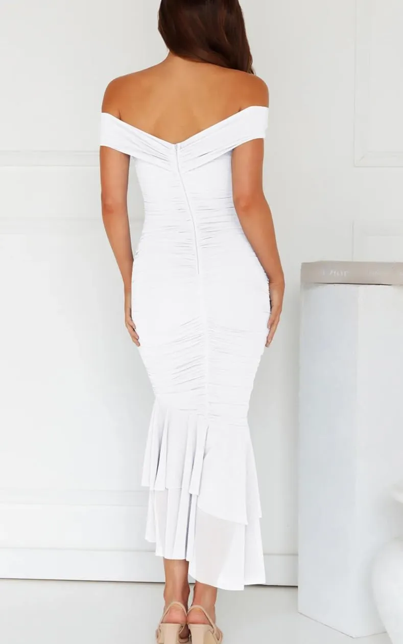 GOBLES Women's Sexy Off The Shoulder Slim Fitting Ruffle Buttom Ruched Bodycon Midi Party Dress