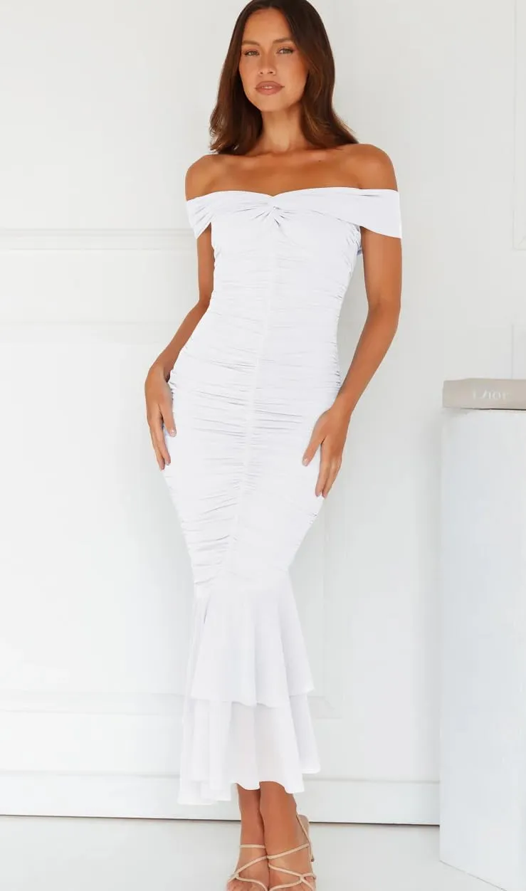 GOBLES Women's Sexy Off The Shoulder Slim Fitting Ruffle Buttom Ruched Bodycon Midi Party Dress