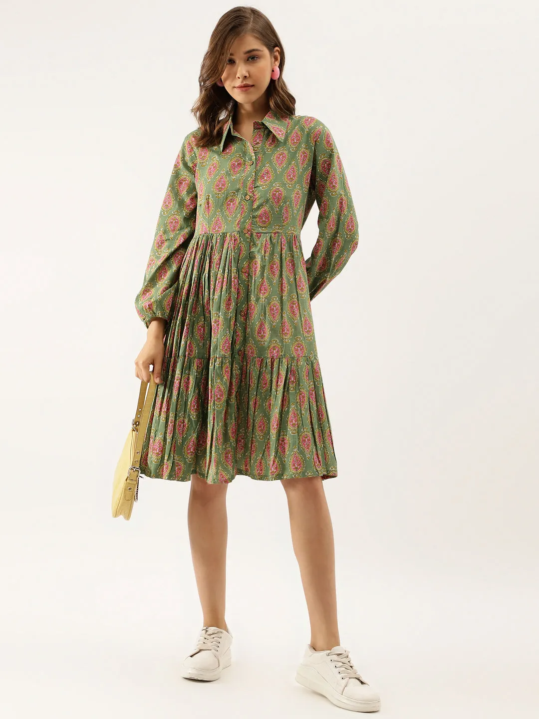 Green Paisley Printed Cotton Dress