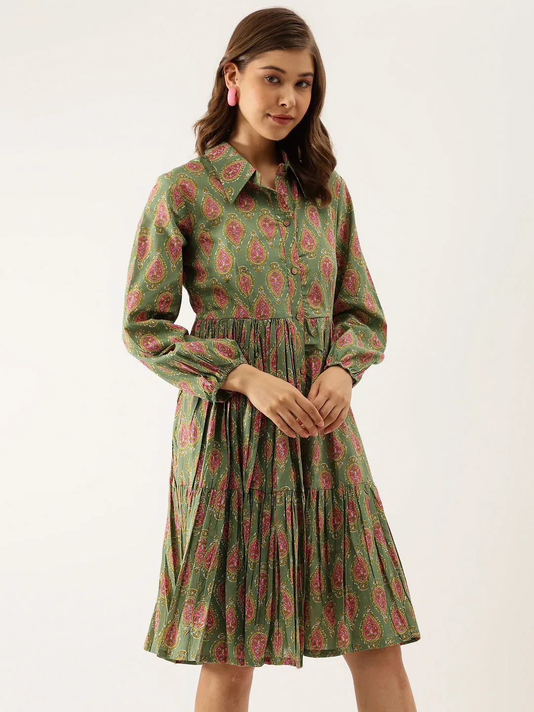 Green Paisley Printed Cotton Dress